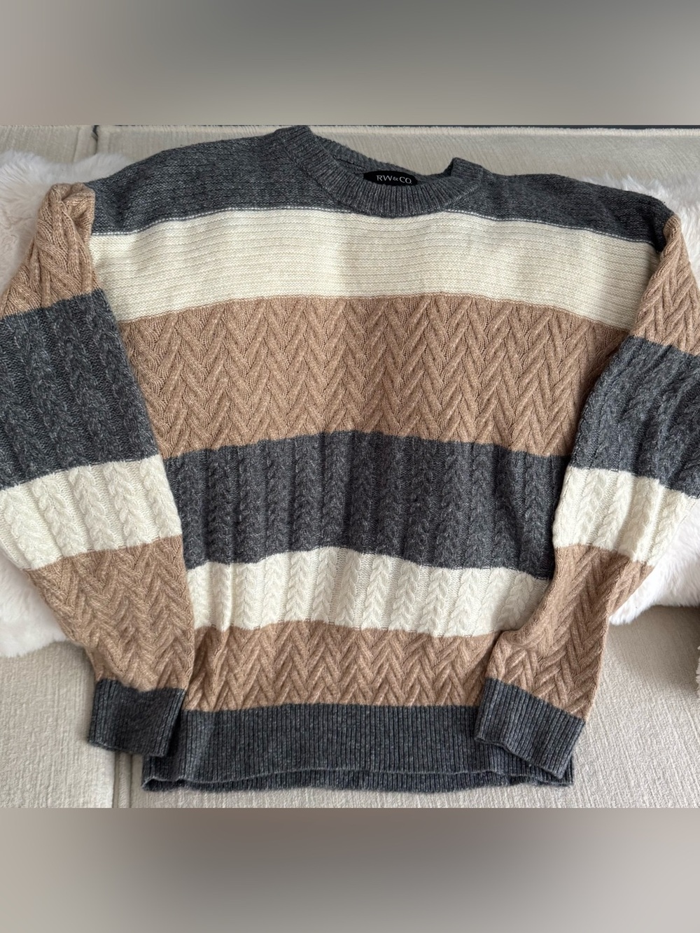 Striped Crewneck Sweater in Gray, Cream, and Tan